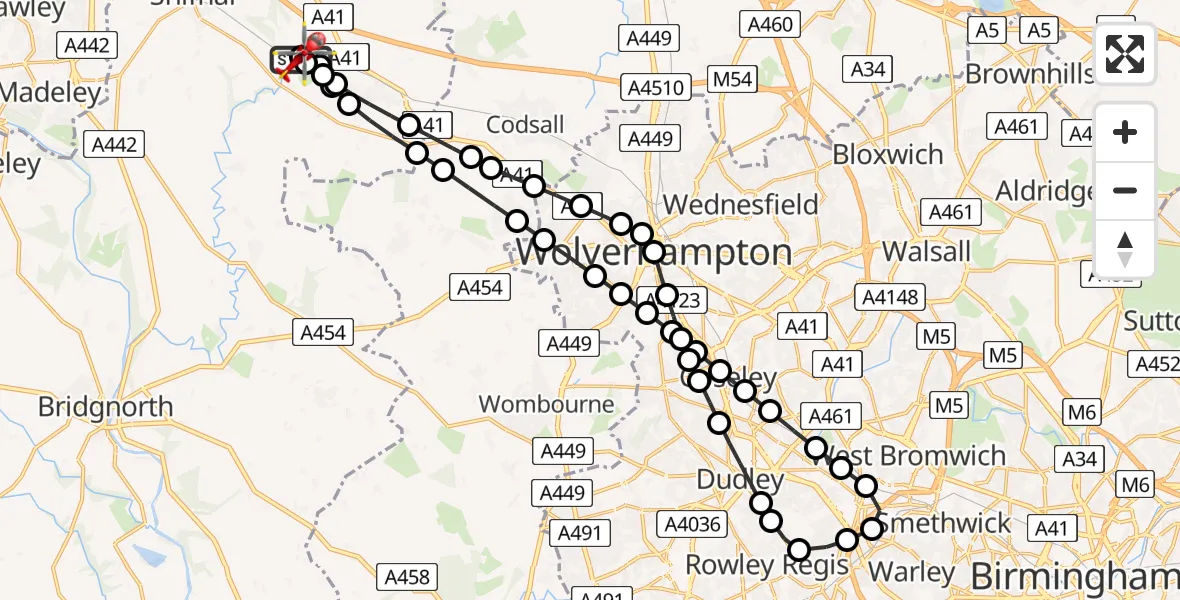 Flight route Air Ambulance Helicopter RAF Cosford - Cosford, 02 July 2026, 11:33