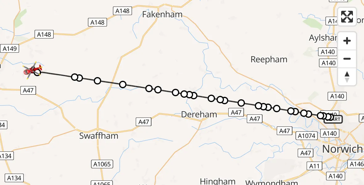 Flight route Air Ambulance Helicopter Norwich Airport - Ashwicken, 02 July 2026, 11:57