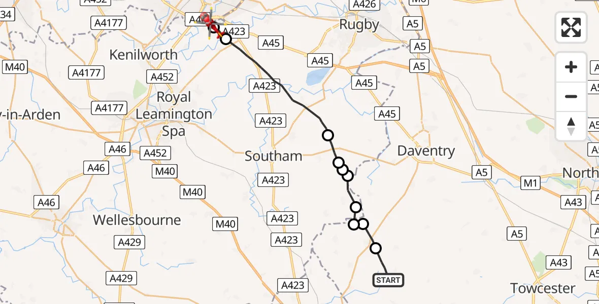 Flight route Air Ambulance Helicopter Eydon - Coventry Airport, 02 July 2026, 12:03