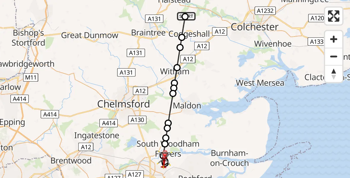 Flight route Air Ambulance Helicopter Earls Colne Airfield - Rochford, 02 July 2026, 12:19