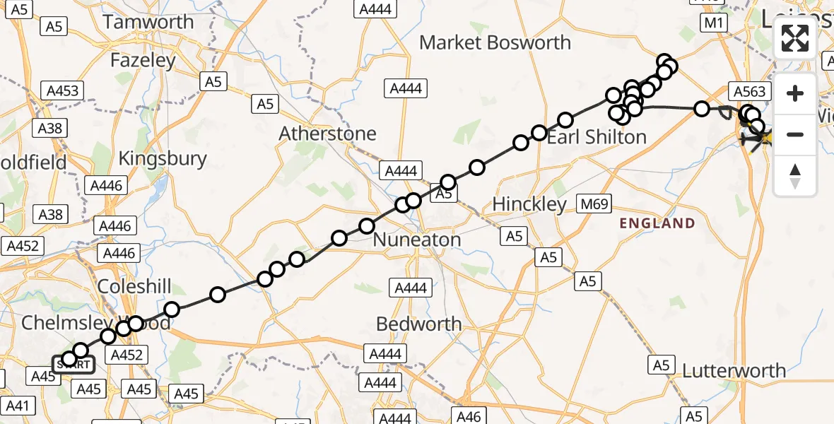 Flight route Police Helicopter Birmingham Airport - Whetstone, 02 July 2026, 12:22