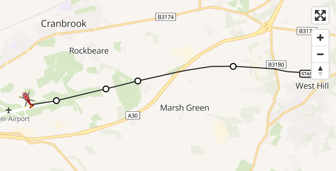 Flight route Air Ambulance Helicopter West Hill - Exeter International Airport, 02 July 2026, 12:23