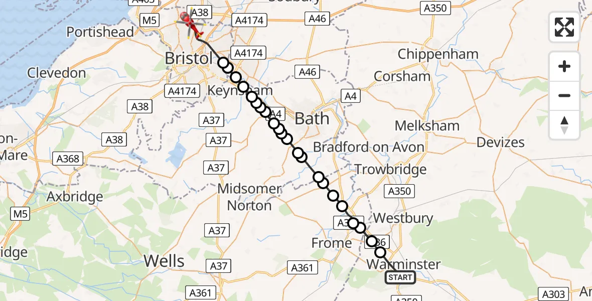 Flight route Air Ambulance Helicopter Warminster - Bristol, 02 July 2026, 12:32