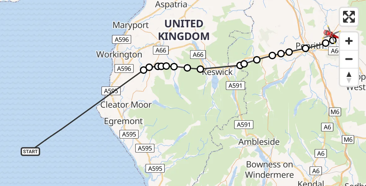 Flight route Air Ambulance Helicopter Irish Sea - Langwathby, 02 July 2026, 12:40