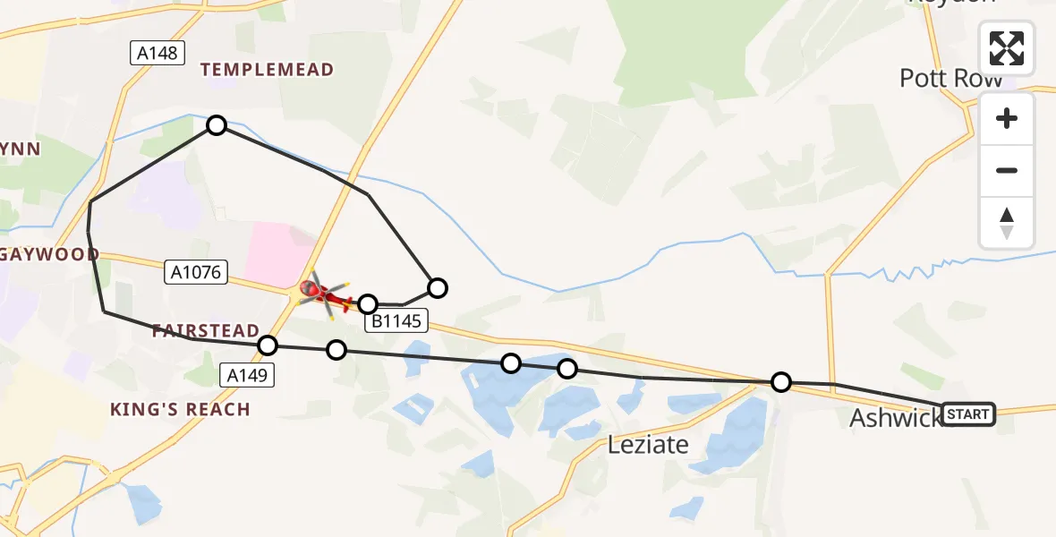 Flight route Air Ambulance Helicopter Ashwicken - King's Lynn and West Norfolk, 02 July 2026, 12:42
