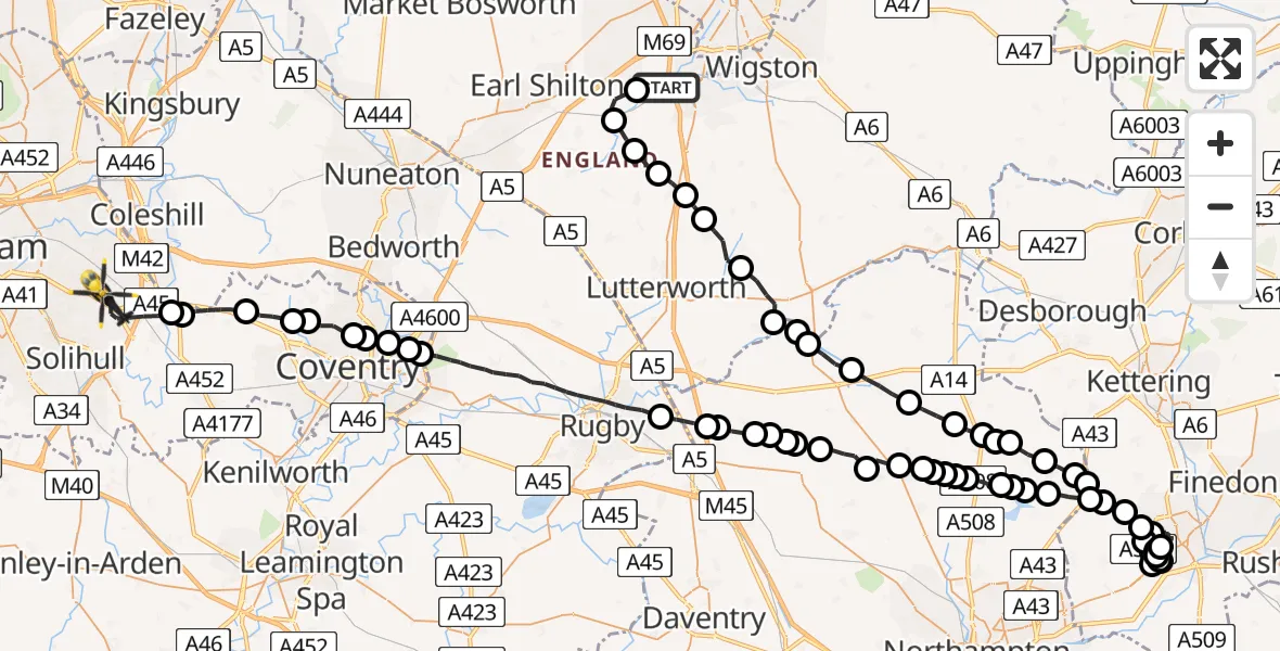Flight route Police Helicopter Narborough - Birmingham Airport, 02 July 2026, 12:52