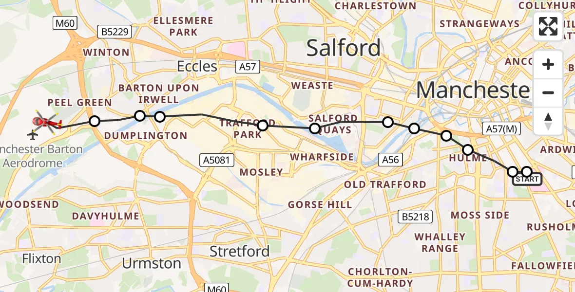 Flight route Air Ambulance Helicopter Ardwick - Manchester Barton Aerodrome, 02 July 2026, 12:52