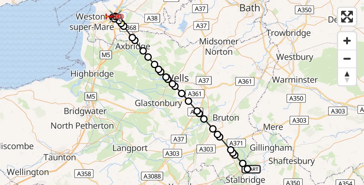 Flight route Air Ambulance Helicopter Henstridge Airfield - Hewish, 02 July 2026, 12:56