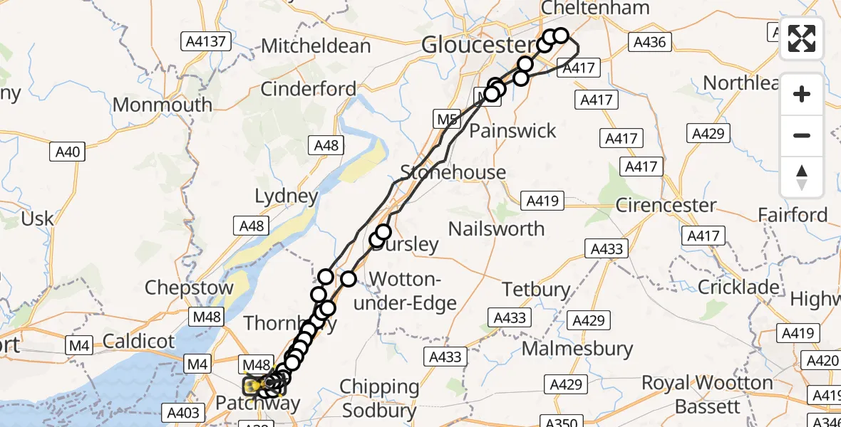 Flight route Police Helicopter Almondsbury Helicopter Base - Almondsbury Helicopter Base, 02 July 2026, 13:01