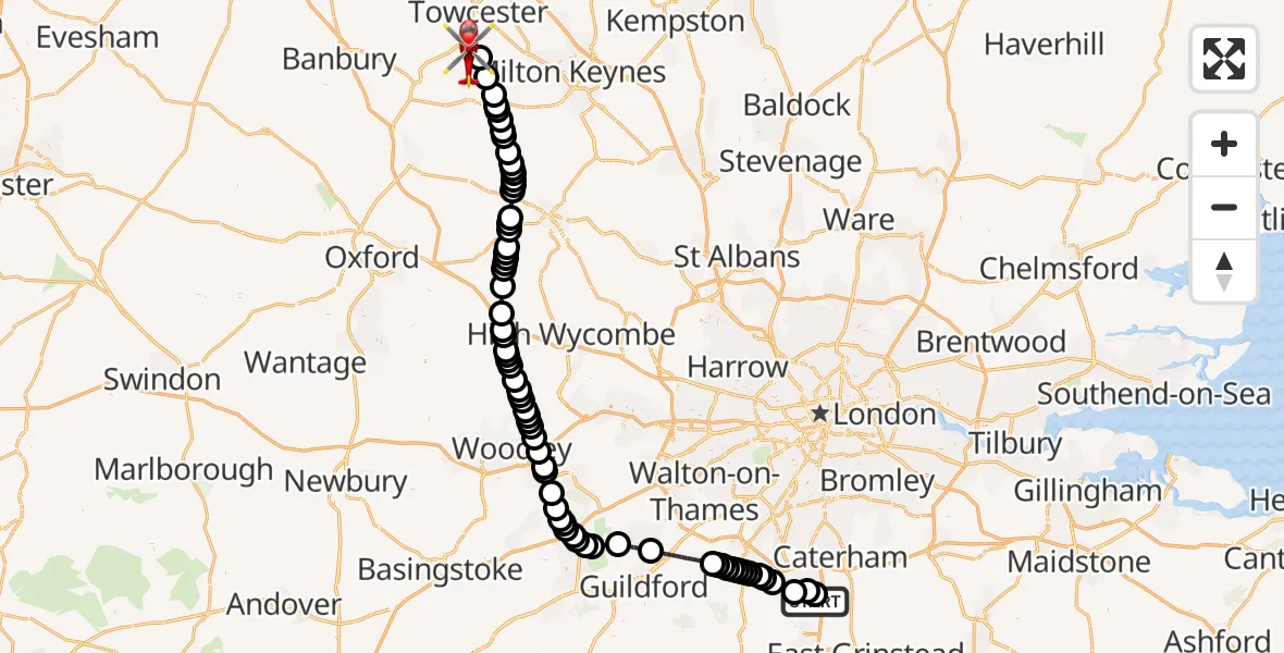 Flight route Air Ambulance Helicopter Redhill Aerodrome - Lillingstone Dayrell with Luffield Abbey, 02 July 2026, 13:07