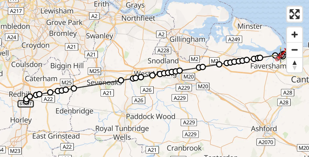 Flight route Air Ambulance Helicopter Redhill Aerodrome - Graveney, 02 July 2026, 13:07