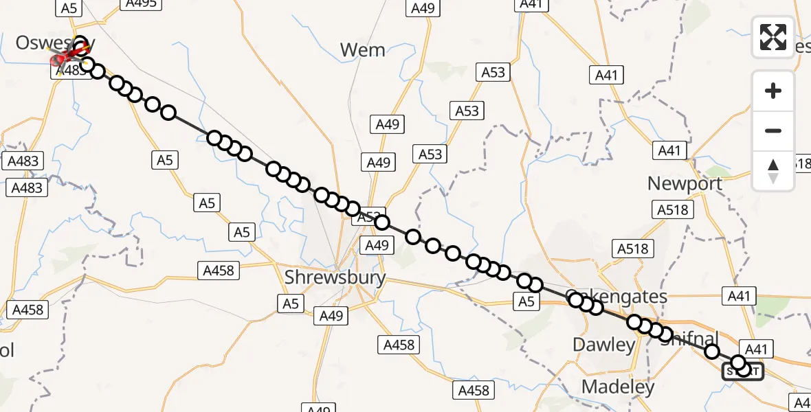 Flight route Air Ambulance Helicopter RAF Cosford - Oswestry, 02 July 2026, 13:21