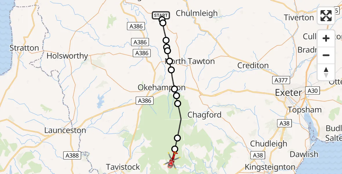Flight route Air Ambulance Helicopter Riddlecombe - West Devon, 02 July 2026, 13:24