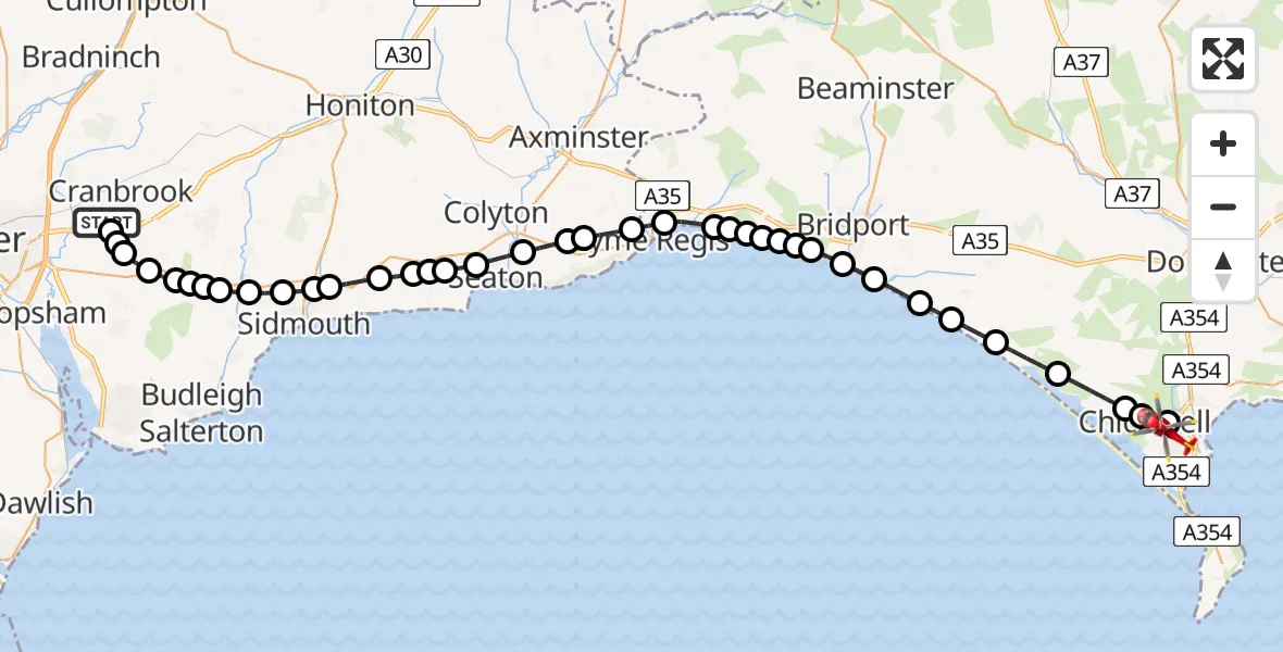Flight route Air Ambulance Helicopter Exeter International Airport - Weymouth, 02 July 2026, 13:26