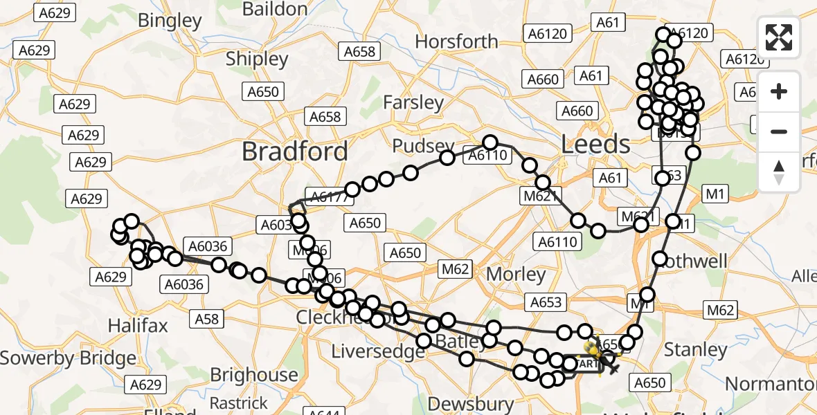 Flight route Police Helicopter East Ardsley - East Ardsley, 02 July 2026, 13:27