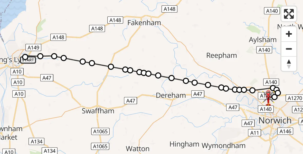 Flight route Air Ambulance Helicopter Queen Elizabeth Hospital - Norwich Airport, 02 July 2026, 13:28