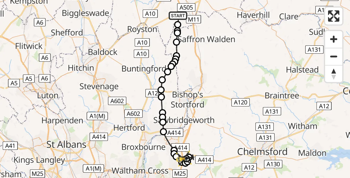 Flight route Police Helicopter Duxford - North Weald Airfield, 02 July 2026, 13:29
