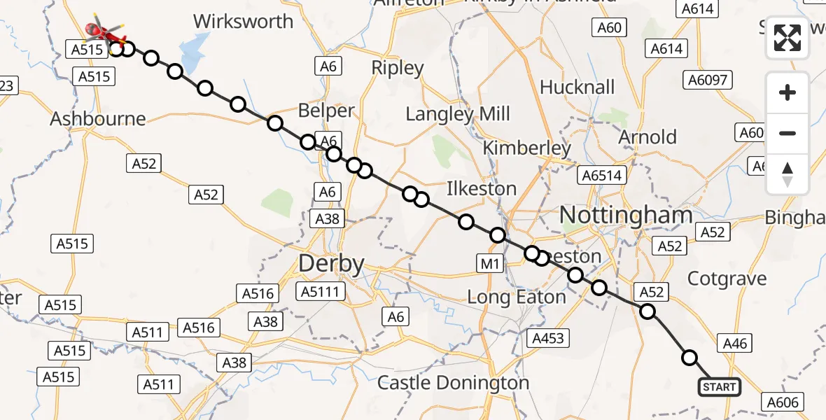 Flight route Air Ambulance Helicopter Widmerpool - Tissington, 02 July 2026, 13:38