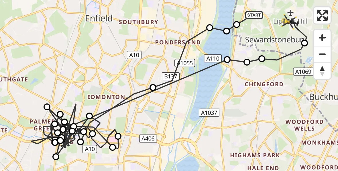 Flight route Police Helicopter Chingford - Sewardstonebury, 02 July 2026, 13:39
