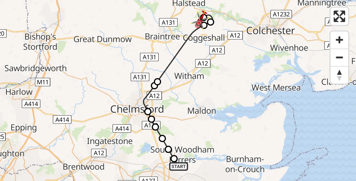 Flight route Air Ambulance Helicopter Rochford - Earls Colne Airfield, 02 July 2026, 13:39