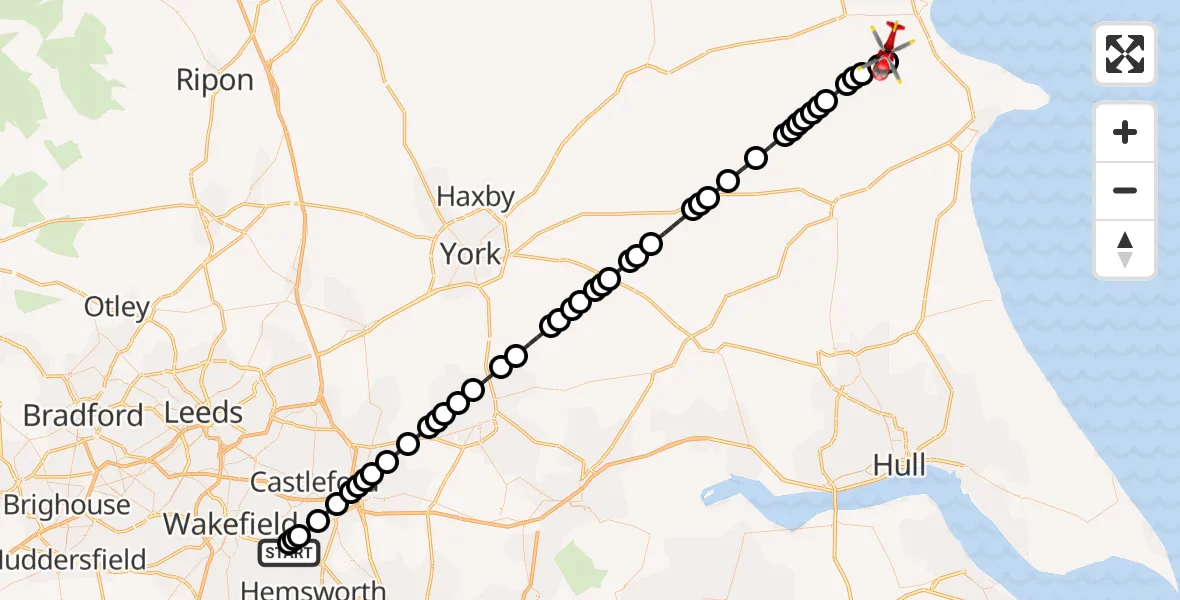 Flight route Air Ambulance Helicopter YAA Nostell Helicopter Port - Hunmanby, 02 July 2026, 13:41