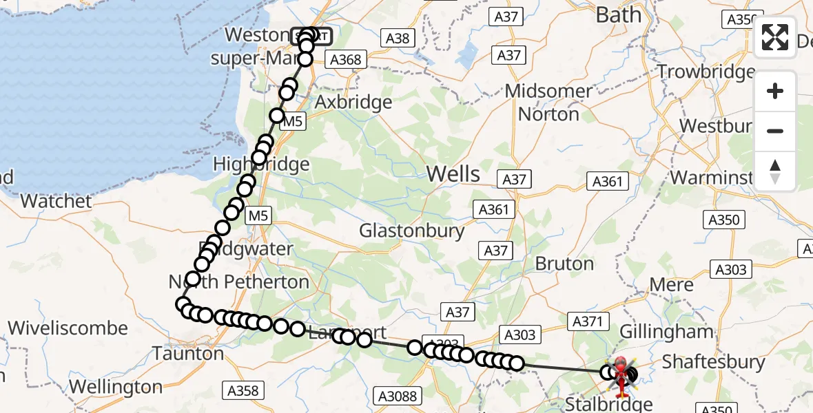 Flight route Air Ambulance Helicopter Banwell - Henstridge Airfield, 02 July 2026, 13:43