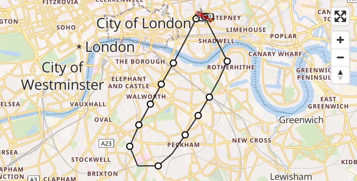 Flight route Air Ambulance Helicopter Royal London Hospital - Royal London Hospital, 02 July 2026, 13:57