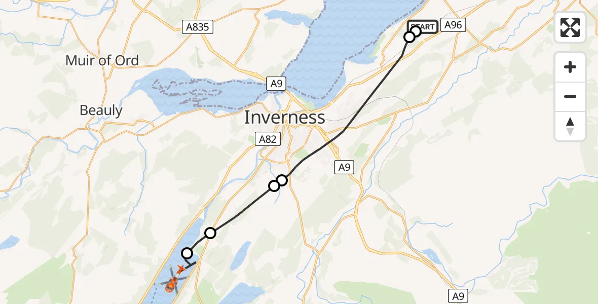 Flight route Coastguard Helicopter Inverness Airport - Loch Ness, 02 July 2026, 14:12