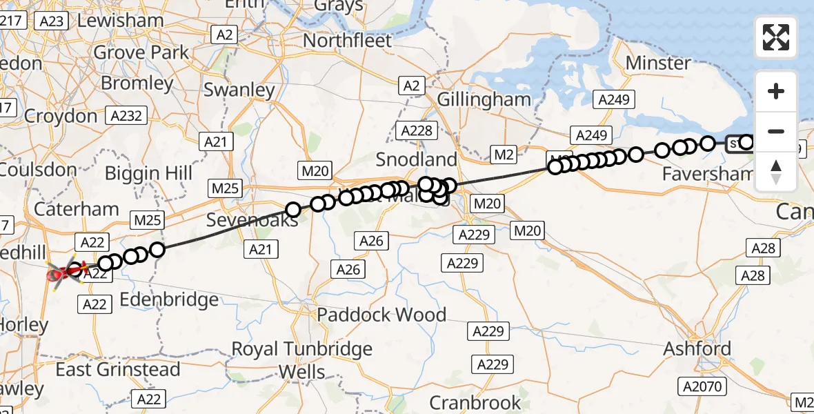 Flight route Air Ambulance Helicopter Swale - Bletchingley, 02 July 2026, 14:19