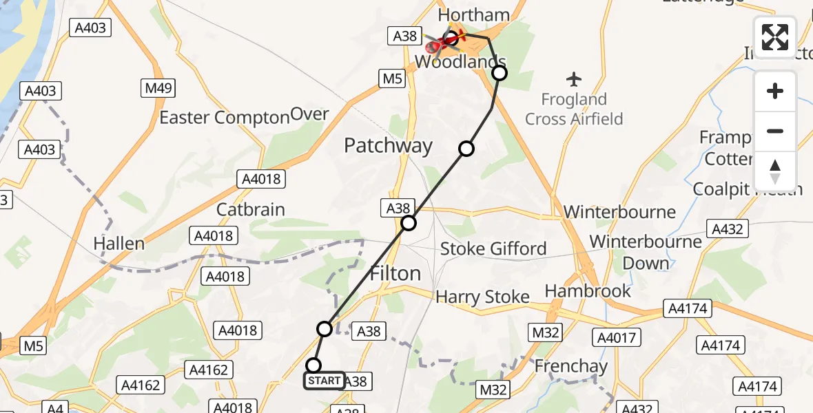 Flight route Air Ambulance Helicopter Southmead Hospital - Almondsbury Helicopter Base, 02 July 2026, 14:26