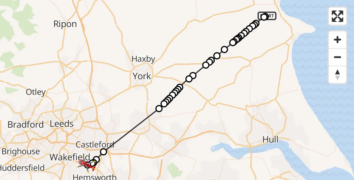 Flight route Air Ambulance Helicopter Hunmanby - YAA Nostell Helicopter Port, 02 July 2026, 14:26