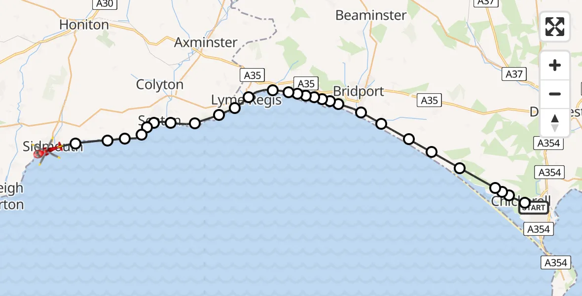 Flight route Air Ambulance Helicopter Weymouth - Sidmouth, 02 July 2026, 14:26