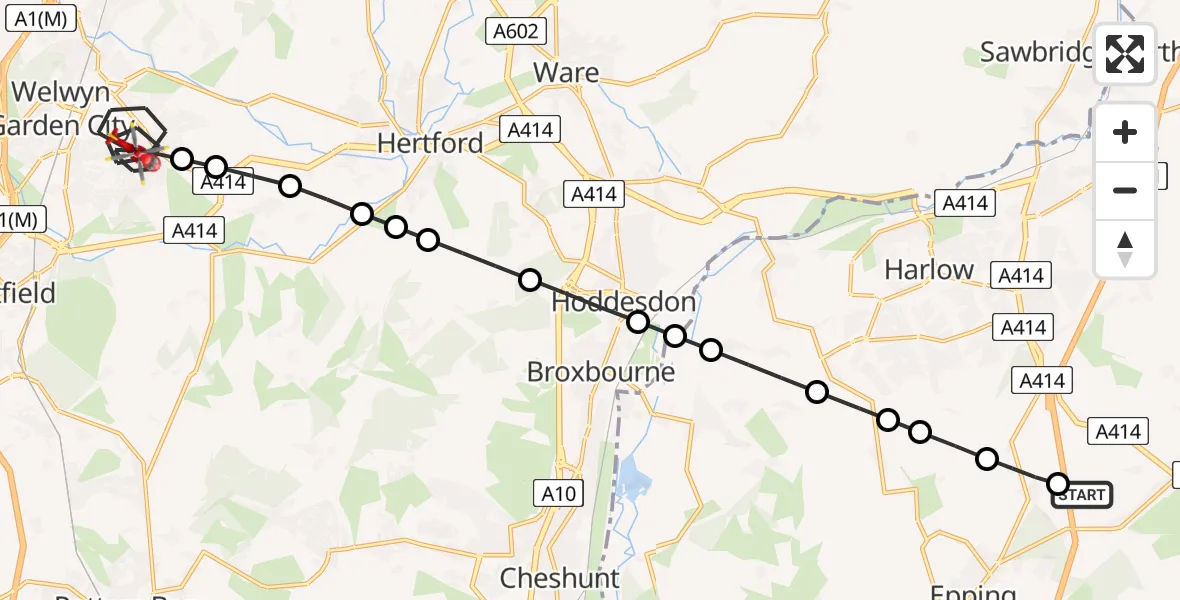 Flight route Air Ambulance Helicopter North Weald Airfield - Welwyn Garden City, 02 July 2026, 14:29