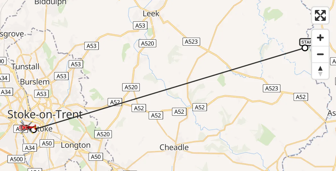 Flight route Air Ambulance Helicopter Derbyshire Dales - Stoke, 02 July 2026, 14:43