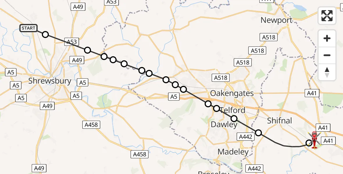 Flight route Air Ambulance Helicopter Shrewsbury - Cosford, 02 July 2026, 14:51