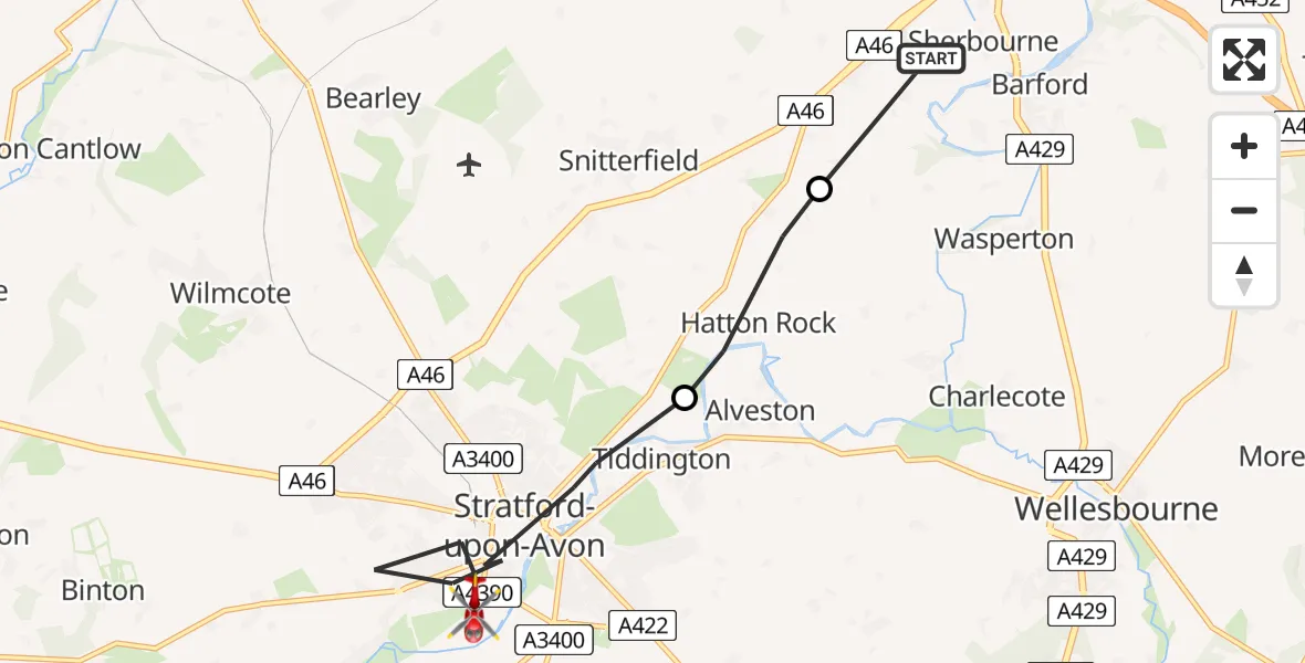 Flight route Air Ambulance Helicopter Warwick - Stratford-upon-Avon, 02 July 2026, 14:51