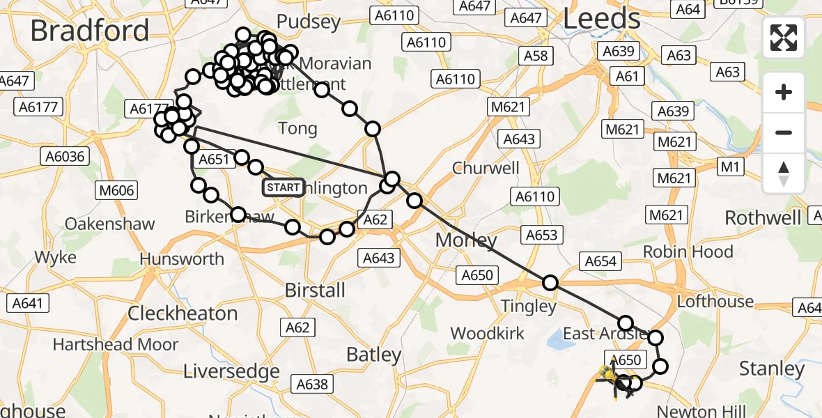 Flight route Police Helicopter Adwalton - East Ardsley, 02 July 2026, 14:51