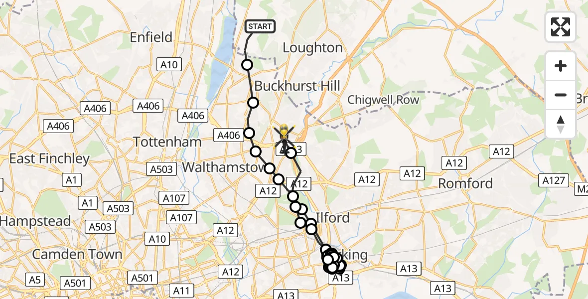 Flight route Police Helicopter Sewardstonebury - South Woodford, 02 July 2026, 14:55