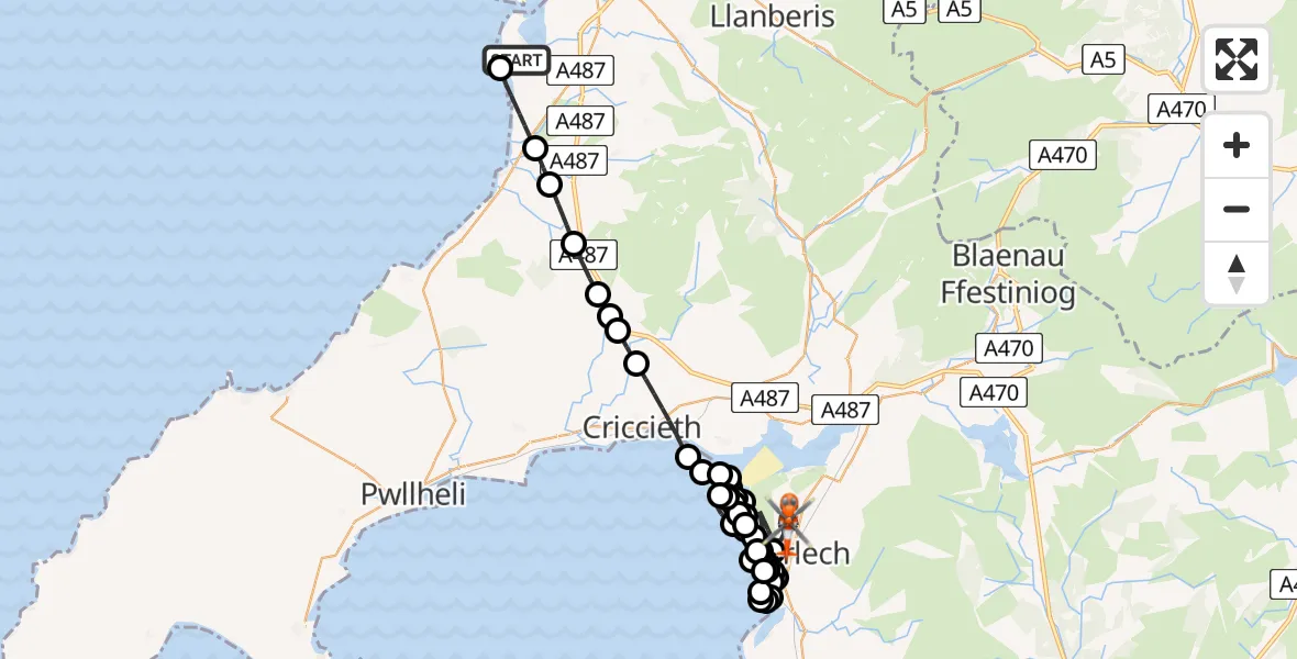 Flight route Coastguard Helicopter Caernarfon Airport - Harlech, 02 July 2026, 15:00