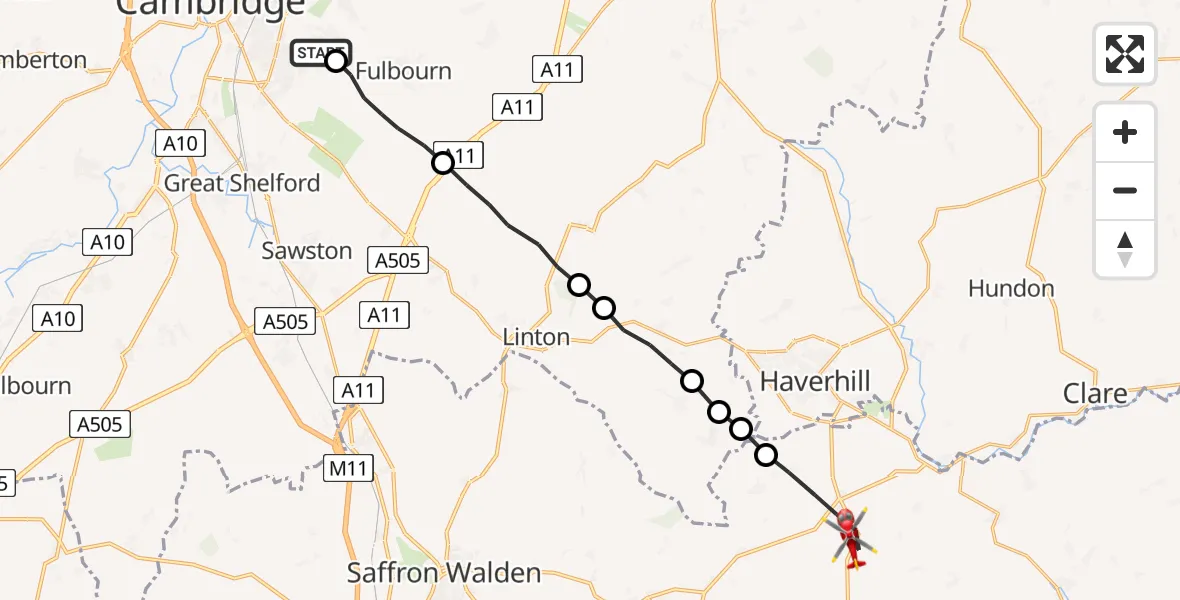 Flight route Air Ambulance Helicopter Cambridge - Wildings Farm Airstrip, 02 July 2026, 15:12