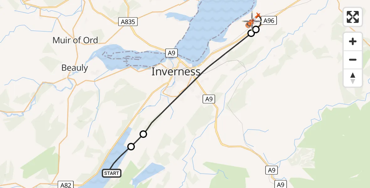Flight route Coastguard Helicopter Loch Ness - Inverness Airport, 02 July 2026, 15:13