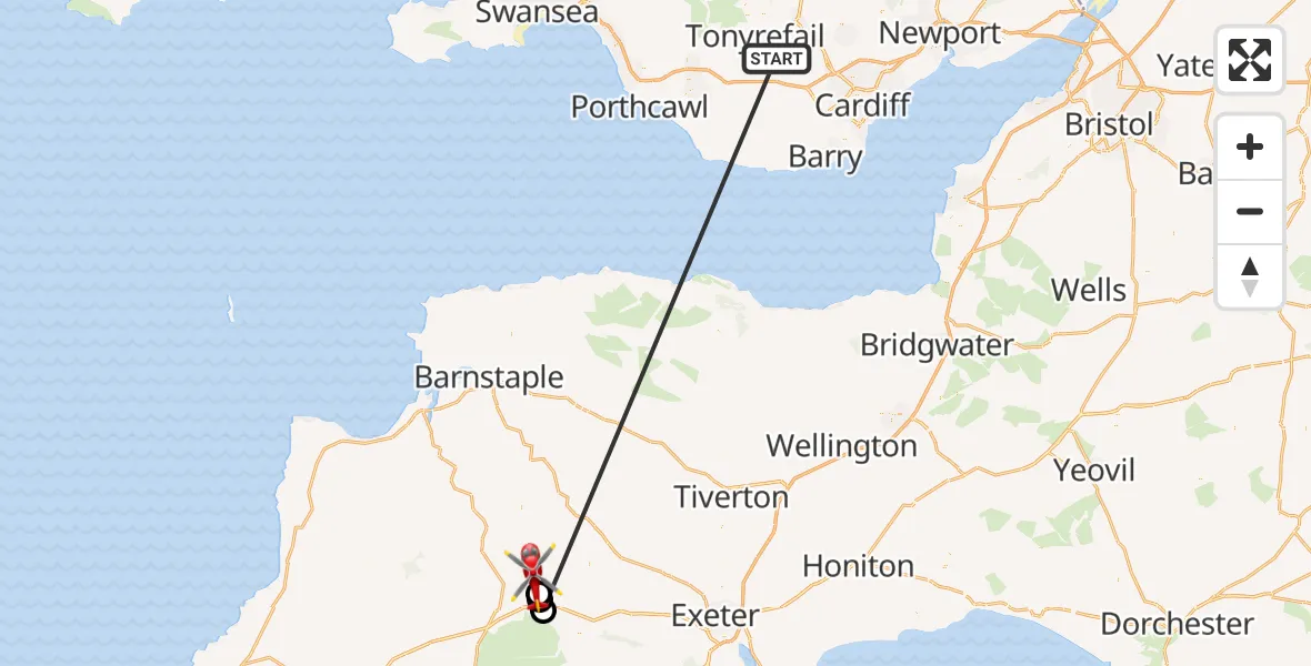 Flight route Air Ambulance Helicopter Llantrisant - West Devon, 02 July 2026, 15:17