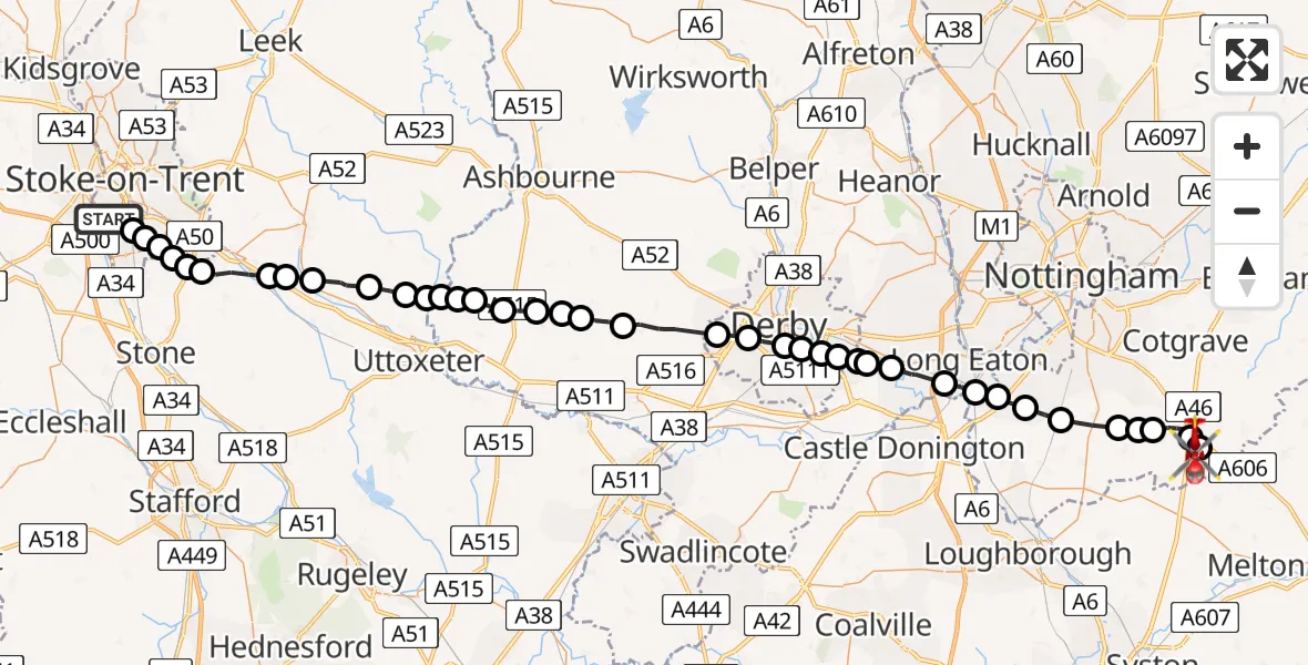 Flight route Air Ambulance Helicopter Stoke - Nottingham Heliport, 02 July 2026, 15:27