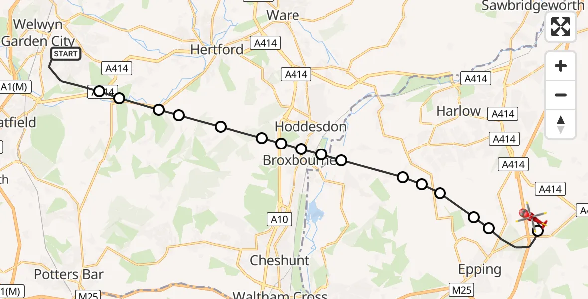 Flight route Air Ambulance Helicopter Welwyn Garden City - North Weald Airfield, 02 July 2026, 15:27