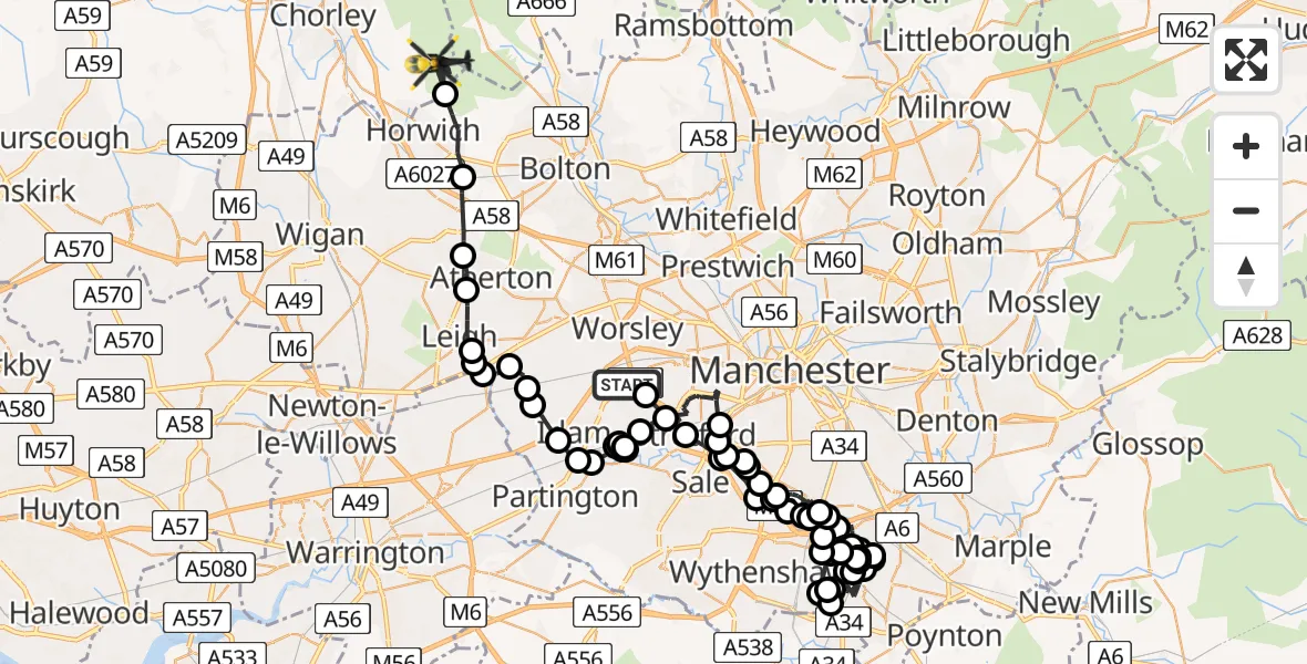Flight route Police Helicopter Eccles - Chorley, 02 July 2026, 15:40