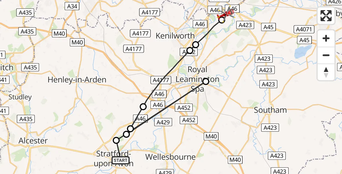 Flight route Air Ambulance Helicopter Stratford-upon-Avon - Coventry Airport, 02 July 2026, 15:40