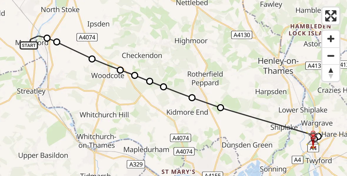 Flight route Air Ambulance Helicopter Moulsford - Wargrave, 02 July 2026, 15:47