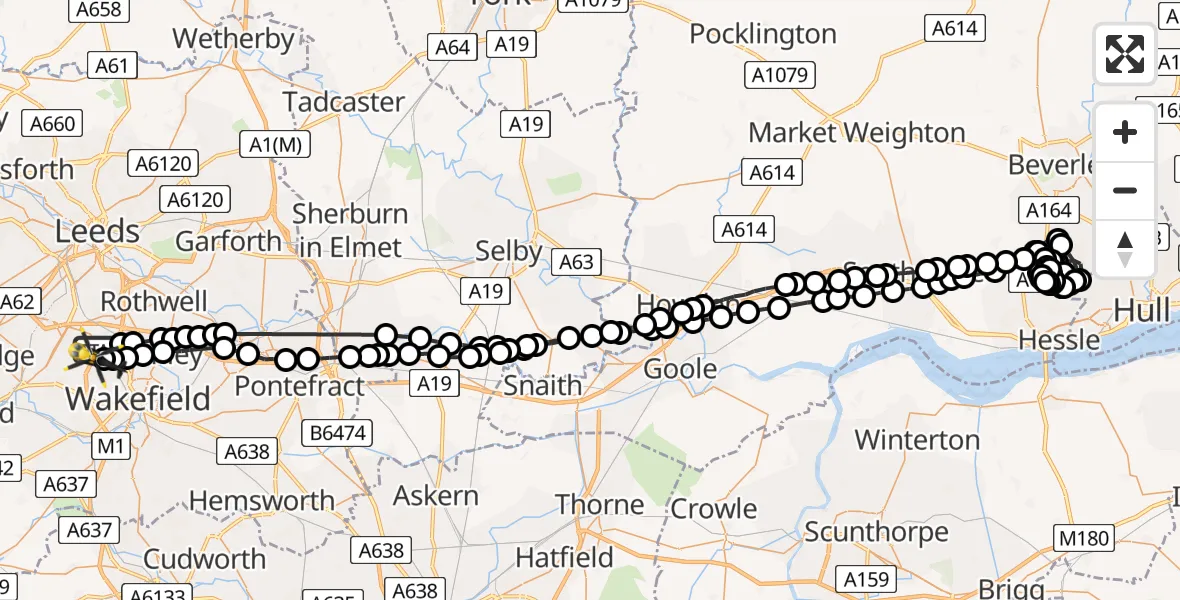 Flight route Police Helicopter East Ardsley - East Ardsley, 02 July 2026, 15:49