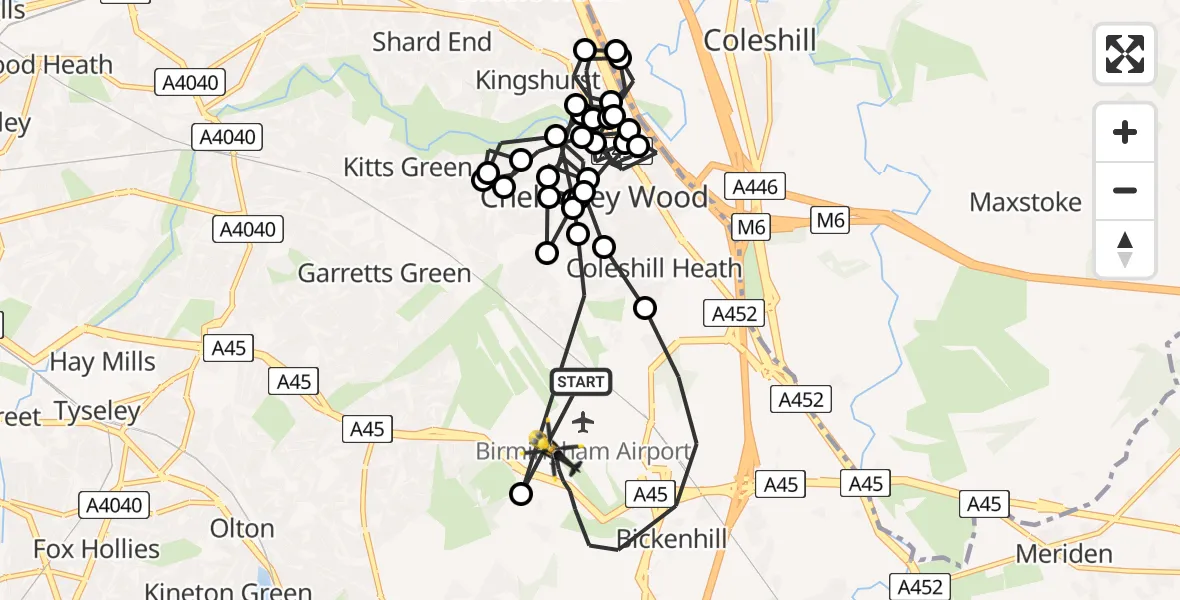 Flight route Police Helicopter Birmingham Airport - Birmingham Airport, 02 July 2026, 15:58