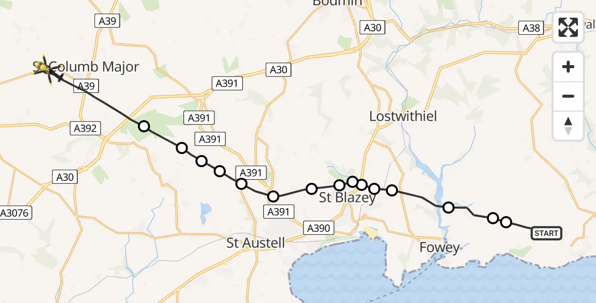 Flight route Police Helicopter Polperro - St. Columb Major, 02 July 2026, 16:03